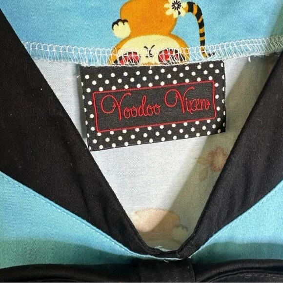 Voodoo Vixen Rockabilly 50s Swing Dress Blue Cat Print Retro Pinup Flair Size S - Picture 10 of 13